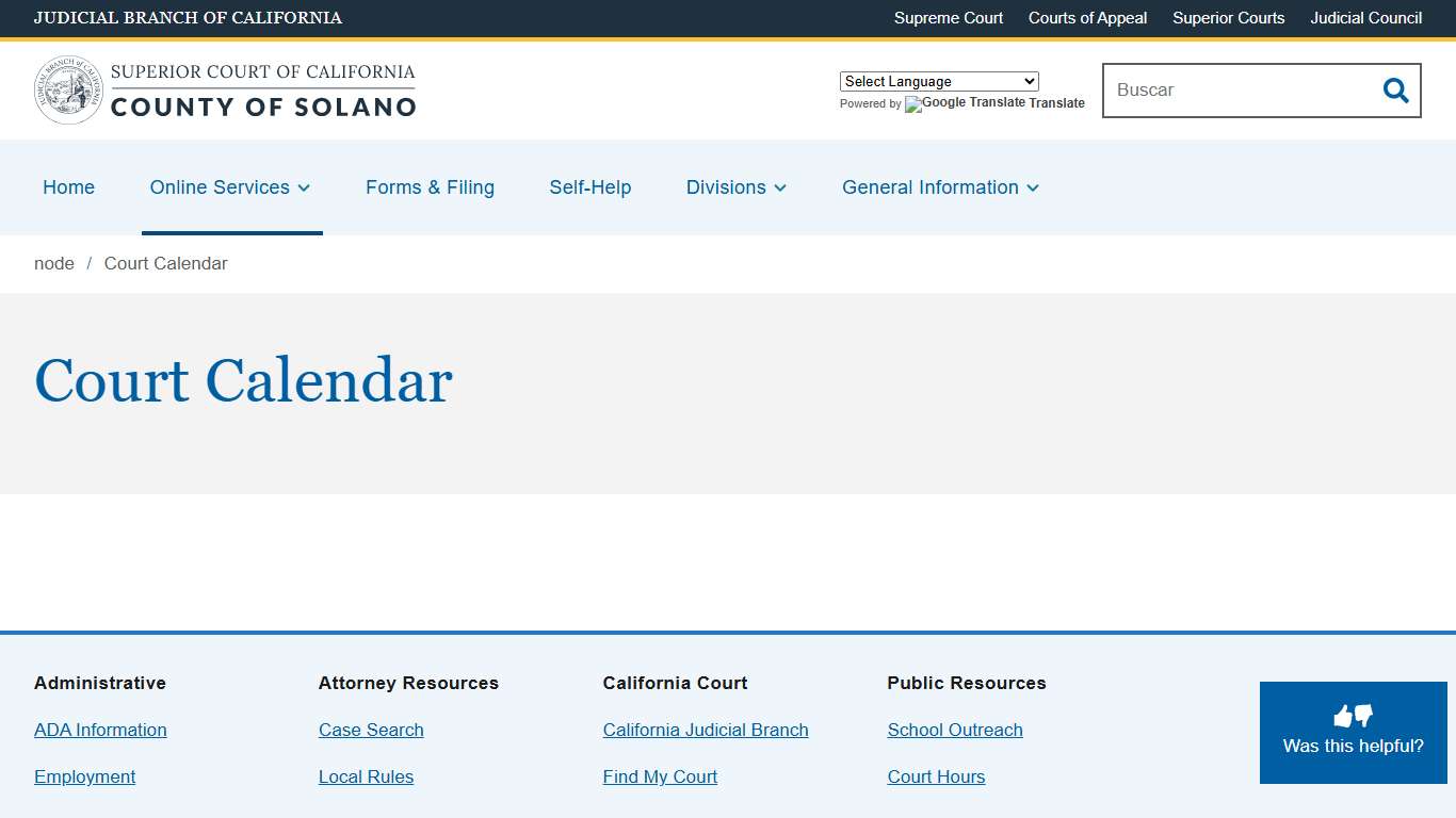 Court Calendar Superior Court of California County of Solano